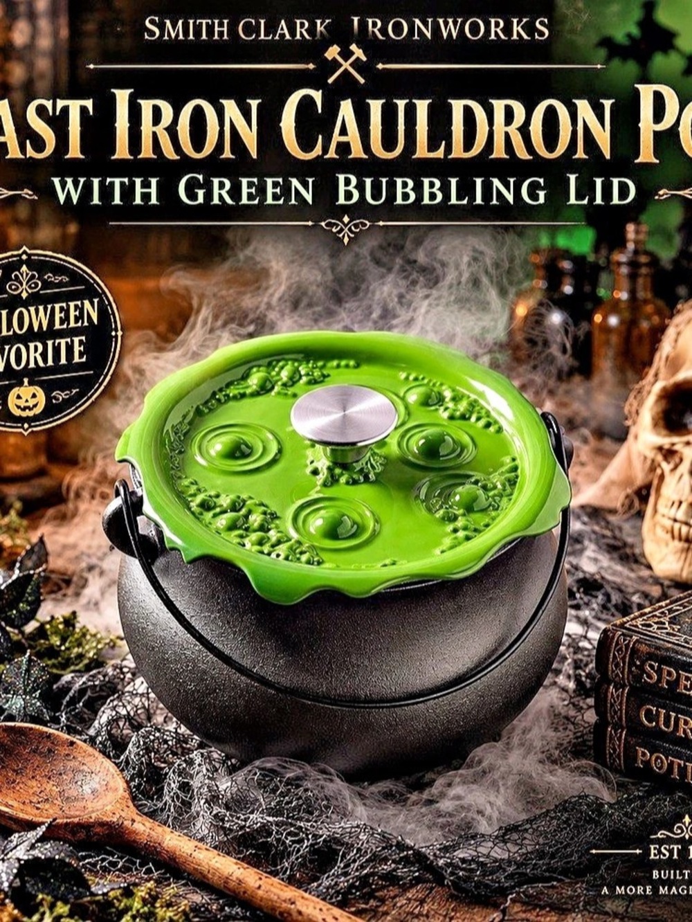 Smith & Clark 4QT Cast Iron Cauldron Green Bubbling Lid Halloween NEW